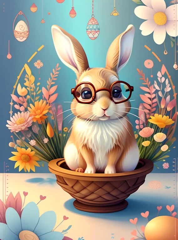 (cute brown baby rabbit with glasses, beautiful eggs and flowers), Munchkin ,Geometric multidimensional wall portrait, livro de arte, Tchibi,
Yang08k, Beautiful, Colouring,
Obras, of the highest quality, best quality, Arte Oficial, Beautiful and Aesthetic,