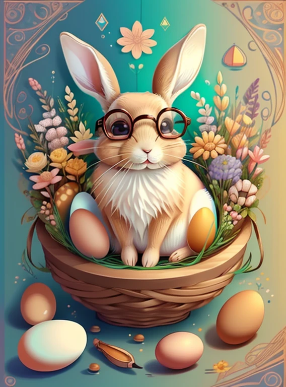 (cute brown  rabbit with glasses, beautiful eggs and flowers), Munchkin ,Geometric multidimensional wall portrait, livro de arte, Tchibi,
Yang08k, Beautiful, Colouring,
Obras, of the highest quality, best quality, Arte Oficial, Beautiful and Aesthetic,