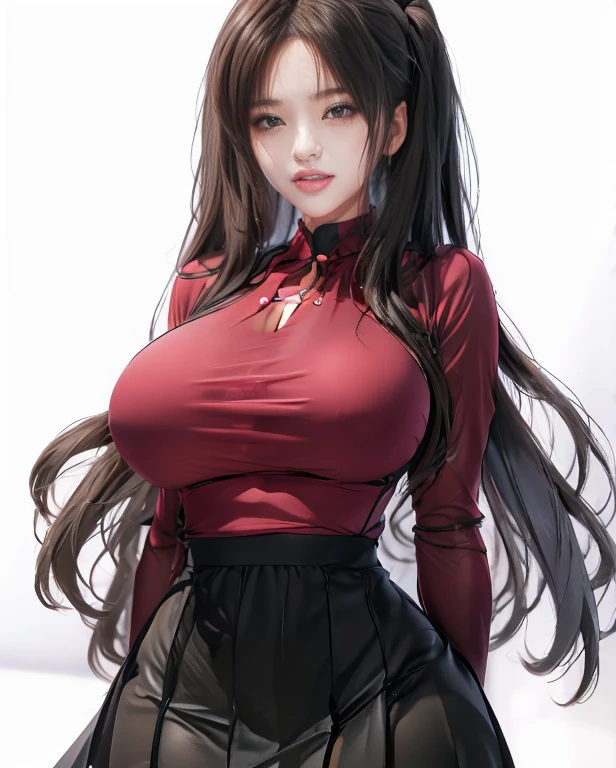 anime girl with long hair and a red shirt posing for a picture, rin tohsaka, seductive anime girl, with a large breasts, attractive anime girl, anime woman, an anime girl, female anime character, anime girl with long hair, anime girl, beautiful alluring anime woman, (anime girl), oppai, anime moe artstyle, with large breasts, blushing, face, sweaty, sweat, wet clothes, nipples popping, popping nipples, very tight shirt, ahegao face, open mouth and tongue out, ((Make a circle hole in the chest of the shirt so that it shows the cleavage))