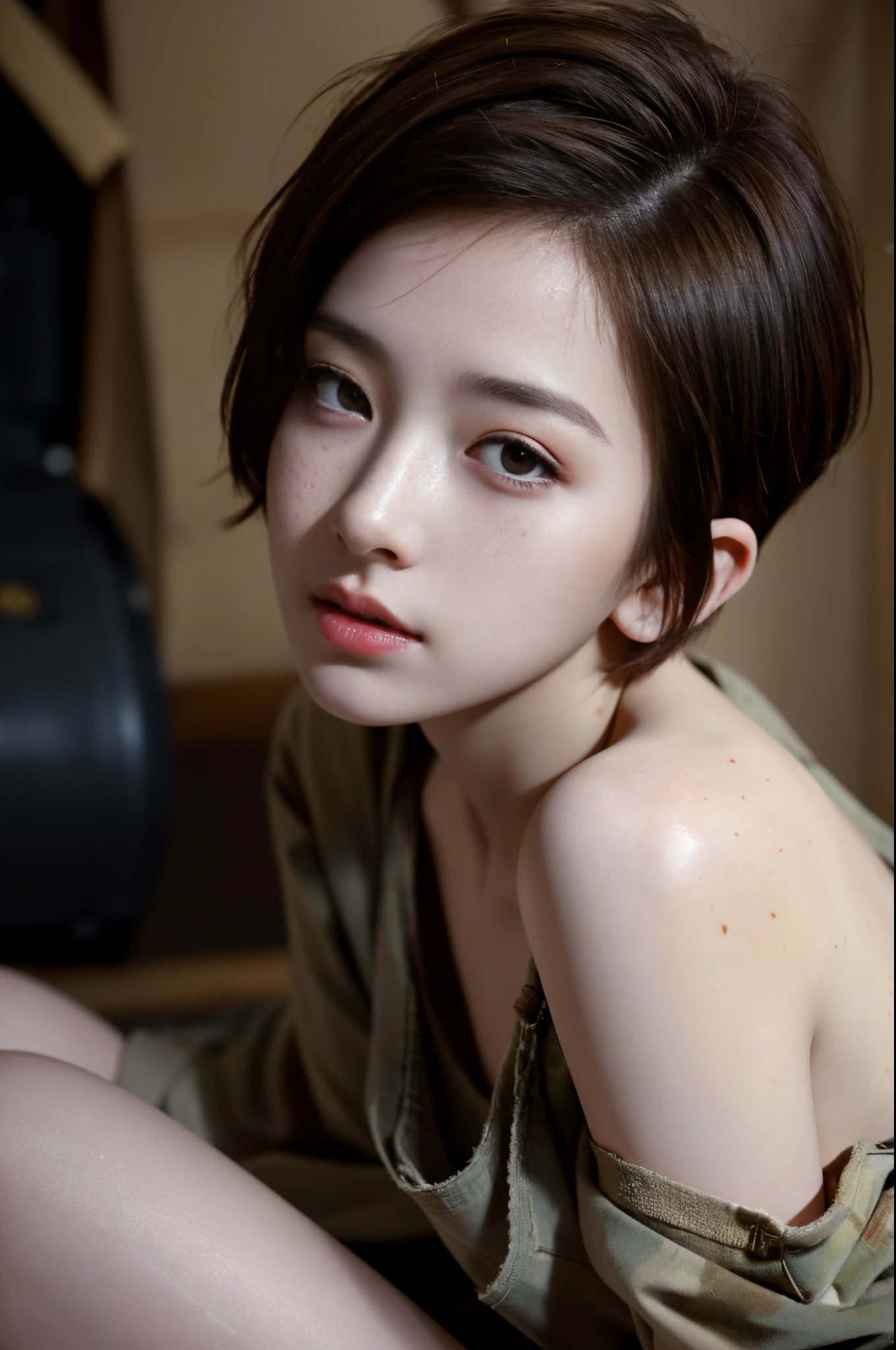Highest quality, (dramatic lighting:0.7), masterpiece, high angle shot, RAW photo of (pale 21 year old woman with short hair, looking up at the viewer), cute, (wearing Tattered combat fatigues, Disheveled), (sitting inside a tank), portrait, perfect face, alluring eyes, vivid detail, (highly detailed skin), freckles, sfw, (blue tint:0.6), (dirty:0.8), (bloody:0.7), key lighting, (backlighting:0.5), medium depth of field, photographed on a Canon 5D, 50mm lens, F/4 aperture, (hyperdetailed, intricate details), sharp focus, muted colors, 8k, absurdres, 8mm film grain, war photography