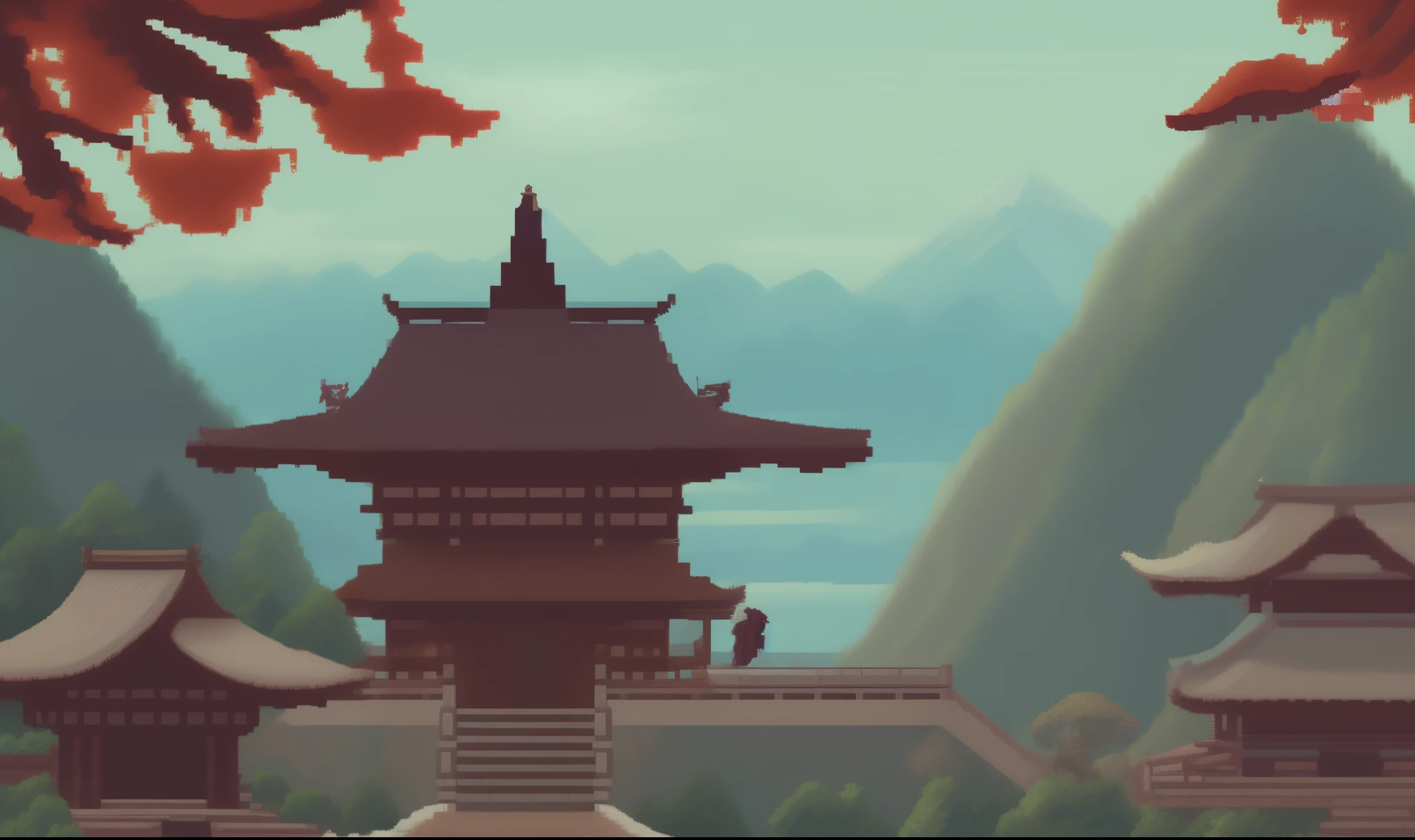 Pixel art video game cover art:A samurai stands in front of a Japanese temple,with mountains in the distance, pixelart style