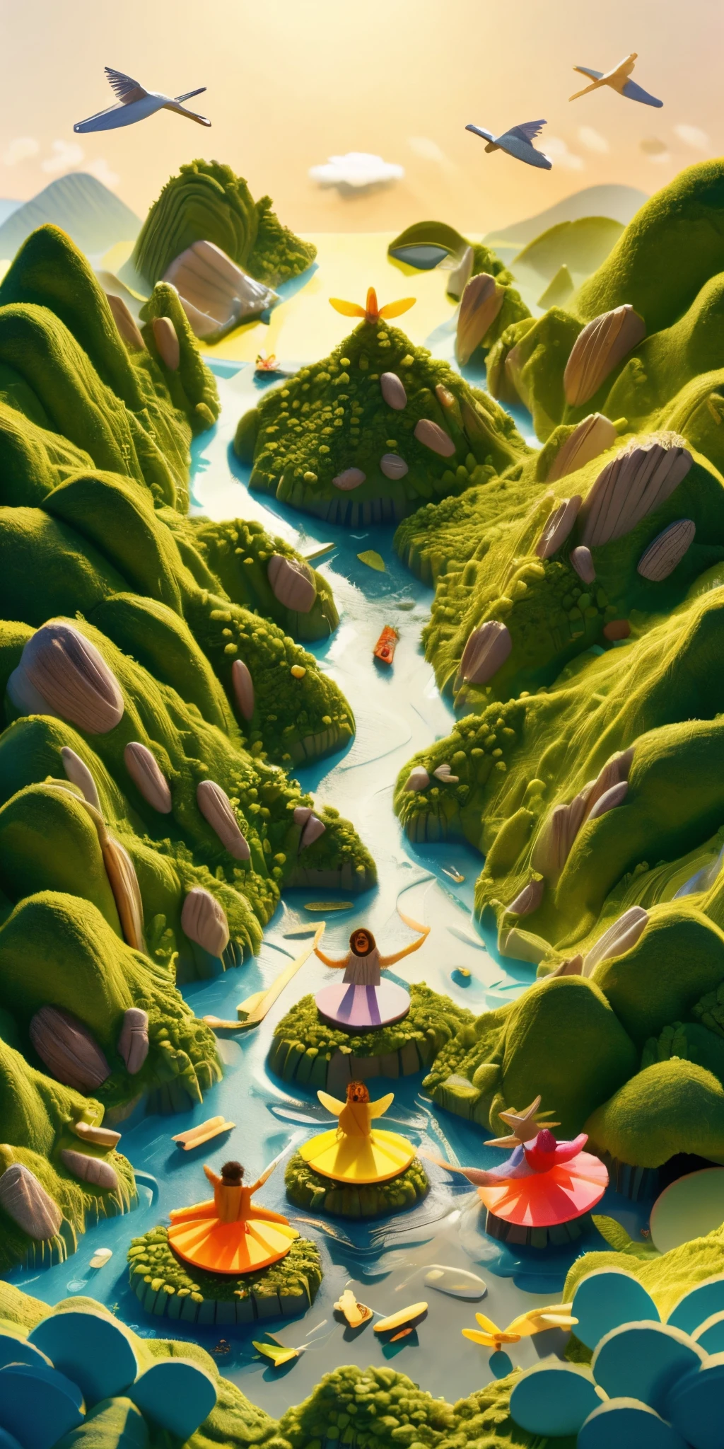 Crystal spires and togas, dancing with the birds, singing beside the streams, beach