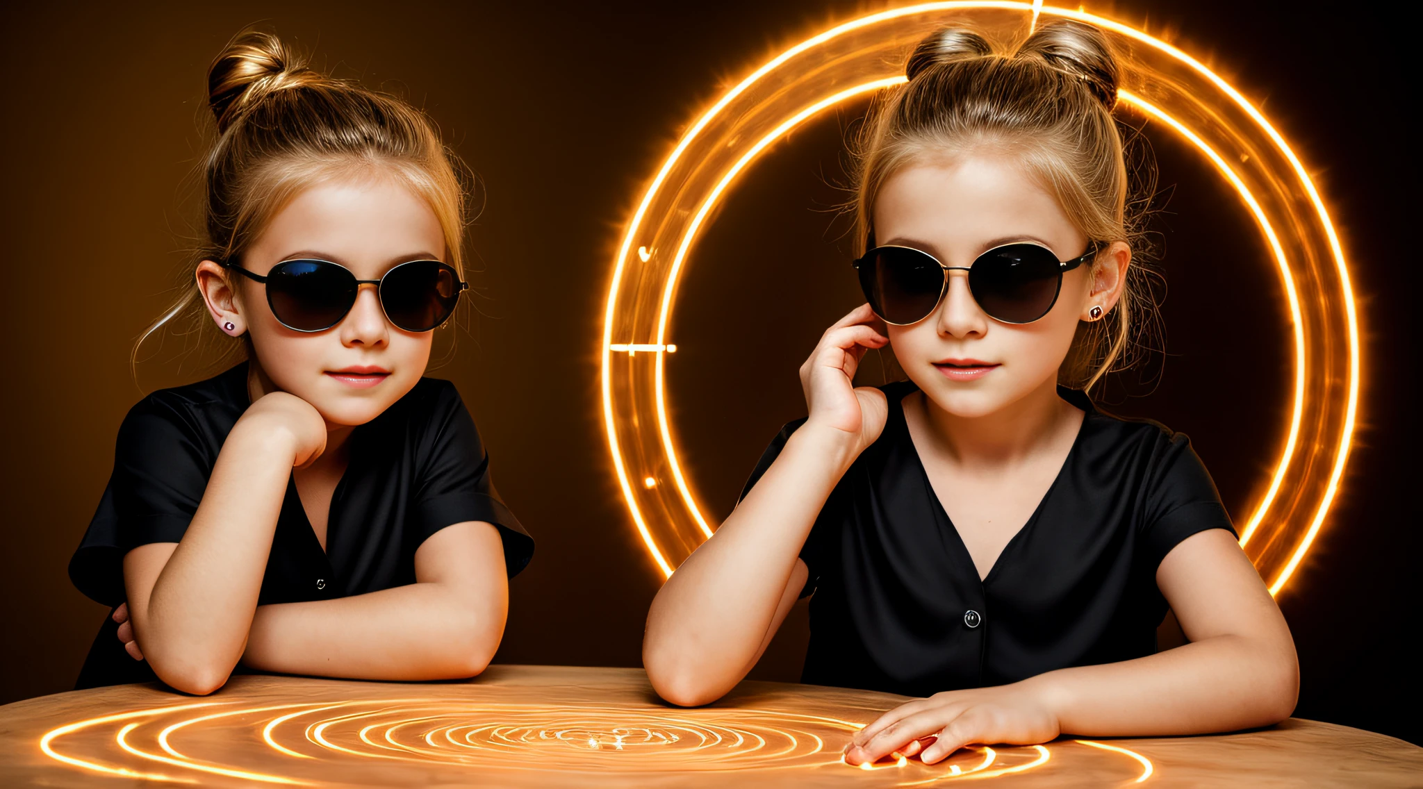 portrait CHILD BLONDE GIRL WITH HAIRBUN, in a black blouse and sunglasses, a laser is being used to illuminate a circle, fundo escuro