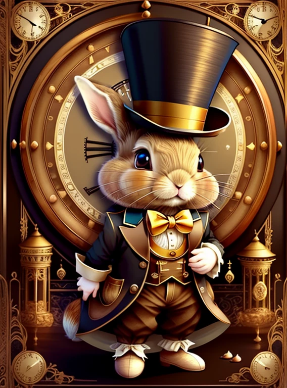 (cute brown baby rabbit with top hat and big clock), Munchkin ,Geometric multidimensional wall portrait, livro de arte, Tchibi,
Yang08k, Beautiful, Colouring,
Obras, of the highest quality, best quality, Arte Oficial, Beautiful and Aesthetic,