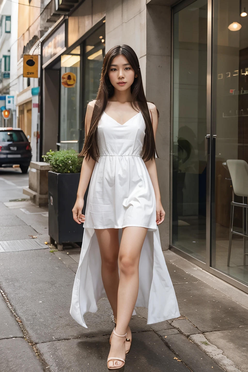 Generate a pretty Asian girl in a white dress and long hair