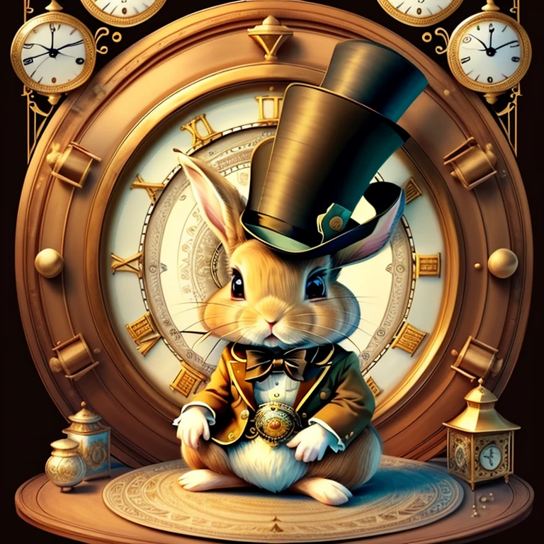 (cute brown baby rabbit with top hat and big clock), Munchkin ,Geometric multidimensional wall portrait, livro de arte, Tchibi,
Yang08k, Beautiful, Colouring,
Obras, of the highest quality, best quality, Arte Oficial, Beautiful and Aesthetic,