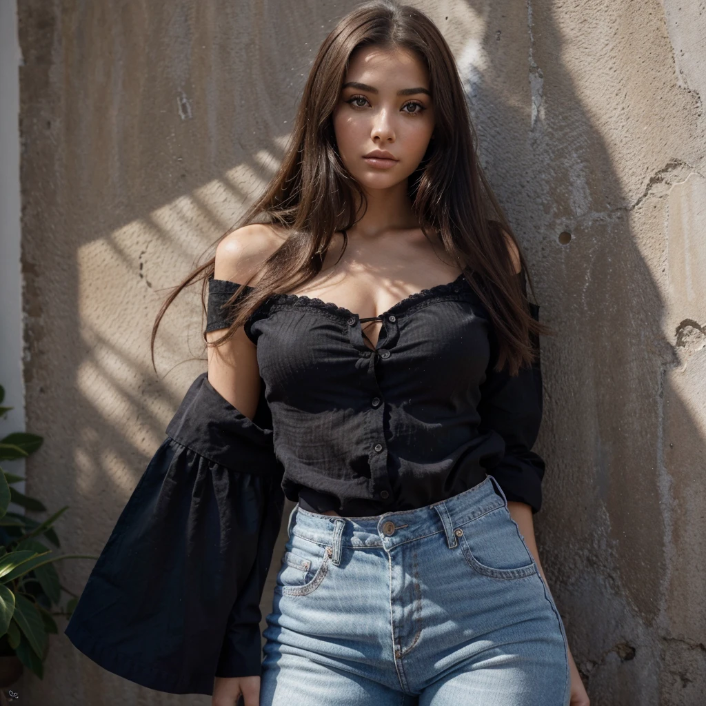 Femme Araffe aux longs cheveux noirs et au haut noir, Violet Myers, Beau visage latin, On dirait Laura Barriales, Belle femme mexicaine, Jeune femme aux longs cheveux noirs, femelle aux longs cheveux noirs, Photo de profil, femme aux cheveux noirs, Anastasia Ovchinnikova, Portrait Sophie Mudd, peau olive impeccable, dark hair and makeup, taille bien dessinée, des gros fessiers et une grosse poitrine, porte un jean serre et une chemise bleu ciel