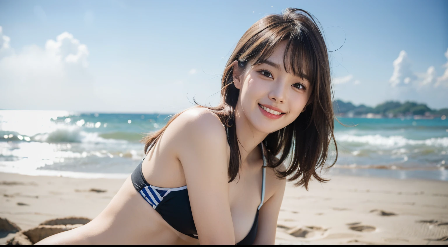 (masutepiece:1.3), (8K, Photorealistic, Raw photography, Best Quality: 1.4), Professional Lighting, 1girl in, , Neat and clean beauty, Shy, Smile, Brown medium hair, Bangs,The bikini、Big breasts