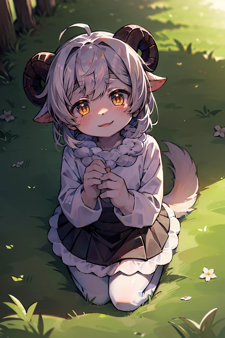 masterpiece, extremely detailed, volumetric light, 1girl, sheep themed succubus, white woolly hair, sheep ears, ram horns smile, sunny, in a meadow, blushing