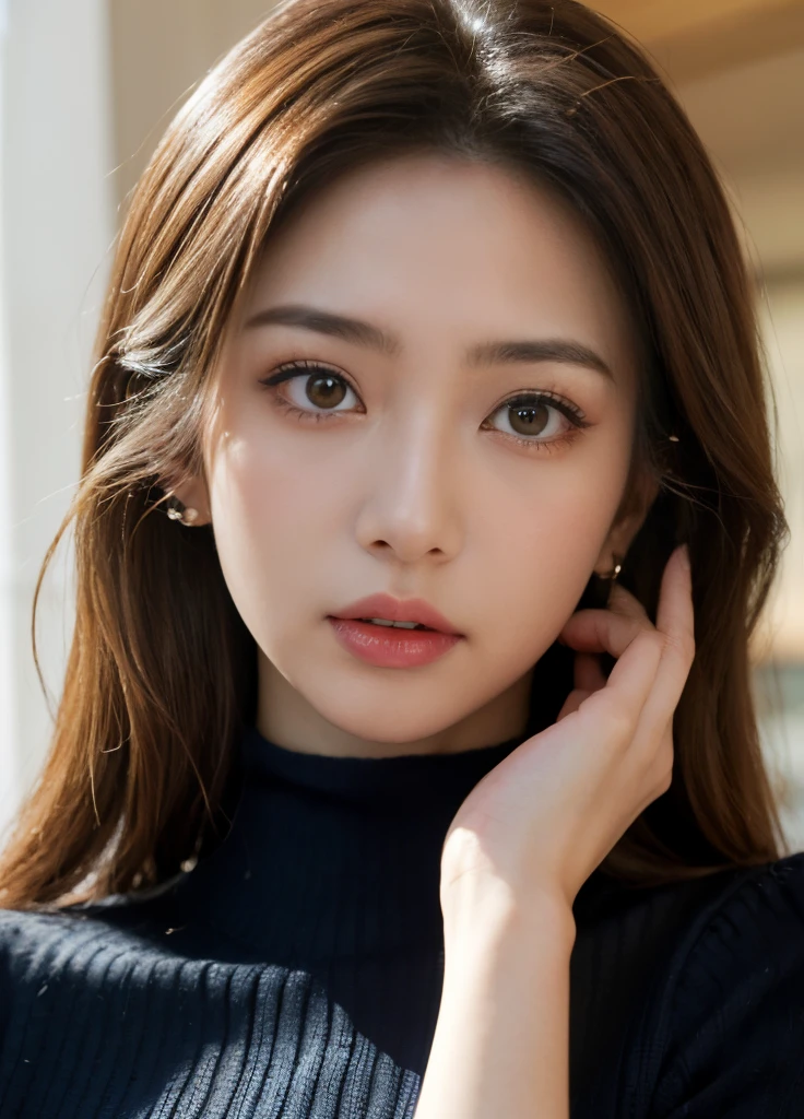 (Female, 22 years old), (Colossal tits:1.3), rose garden、Lots of red roses on the background、 ((Grab the viewer's hand)), (master piece: 1.3), (max resolution: 1.4), (UltraHD: 1.2), cinematric light, UltraHD, (Detailed eyes and skin), (detailed facial features), nffsw, 8K分辨率, Perfect Style, beautiful countenance、Highly detailed facial and skin texture、A detailed eye、二重まぶた、Glitter Eyeliner:1.2、thin cheeks、(fair white skin:1.3)、shiny earrings,Red Rouge:1.2、shiny lip:1.2、((FULL BODYSHOT:1.2))、((From a very intimate distance:1.2))、((Navy High Neck Pipeknit Dress))、high-heels、(Layered Hair Style、lightbrown hair)、medium-Long hair、(Very angry face:1.3)