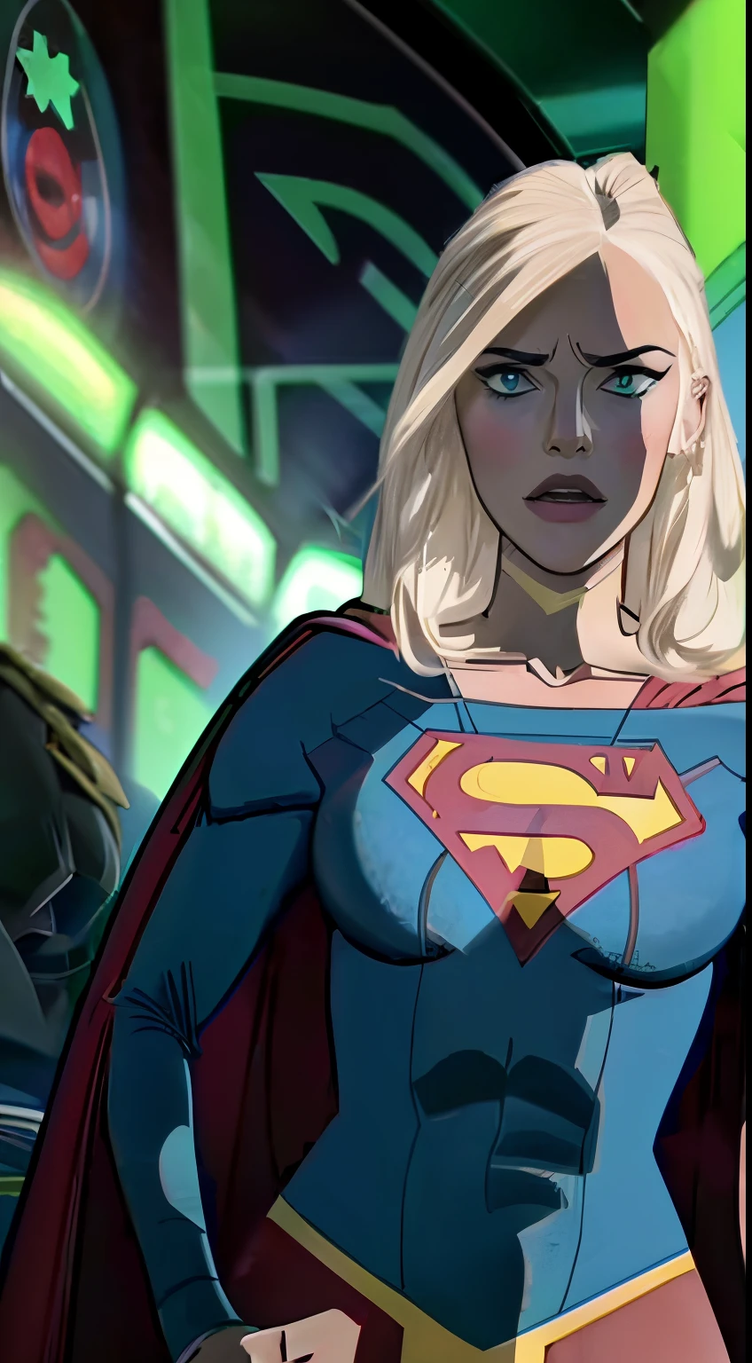 estilo anime
mulher adulta nova, 22 anos, blonde hair, ela tem um corpo magro, cabelo grande e cacheado, rostos com algumas sardas, olhos verdes, brincos nos ouvidos, colar discreto com pingente, superman character costume, red cape, heroic pose