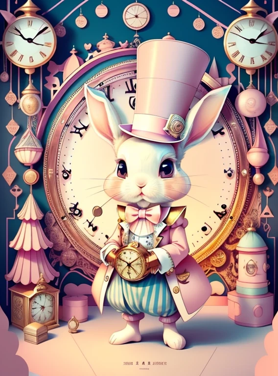 (cute rabbit with pink top hat and lots of clocks), Munchkin ,Geometric multidimensional wall portrait, livro de arte, Tchibi,
Yang08k, Beautiful, Colouring,
Obras, of the highest quality, best quality, Arte Oficial, Beautiful and Aesthetic,