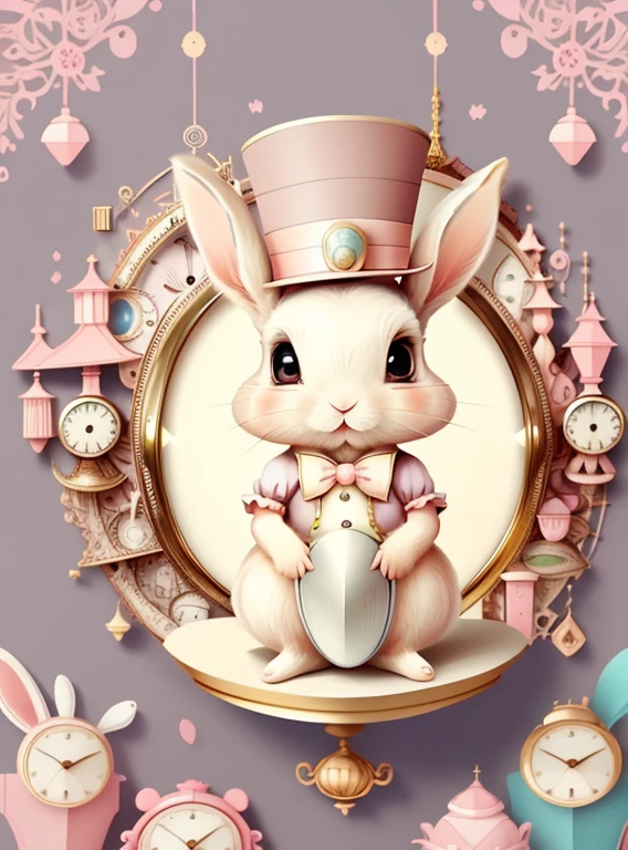 (cute baby rabbit with pink top hat and lots of clocks), Munchkin ,Geometric multidimensional wall portrait, livro de arte, Tchibi,
Yang08k, Beautiful, Colouring,
Obras, of the highest quality, best quality, Arte Oficial, Beautiful and Aesthetic,