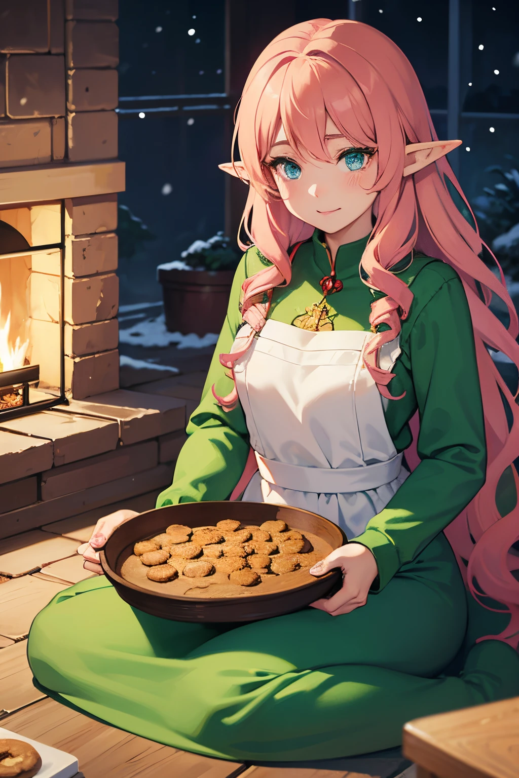 beautiful elf woman, Holly Sprinkletoes, detailed eyes and face, long eyelashes, pink cheeks, pointy ears, curly golden hair, graceful posture, wearing a festive green dress, holding a tray of burnt cookies, surrounded by flour and baking tools, in the lively kitchen of Miss Claus at the North Pole, with snow falling outside, a warm fireplace, vibrant colors, magical lighting, fantasy art, Akira Toriyama style, high resolution, photorealistic, with bokeh, capturing the essence of the holiday spirit.