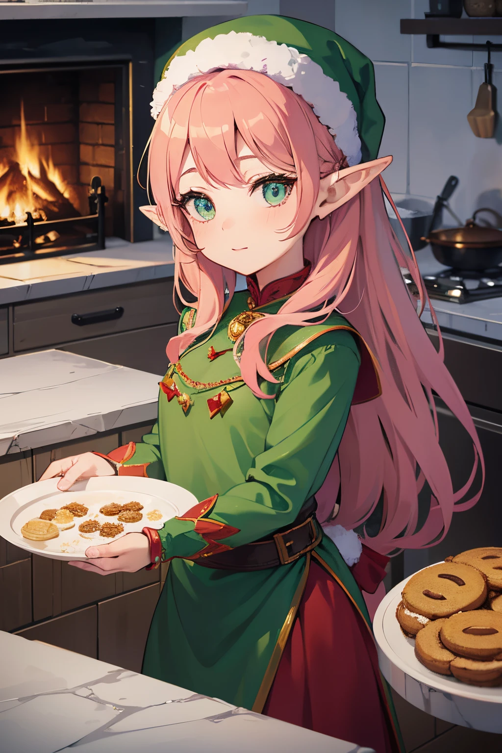 beautiful elf woman, Holly Sprinkletoes, detailed eyes and face, long eyelashes, pink cheeks, pointy ears, curly golden hair, graceful posture, wearing a festive green dress, holding a tray of burnt cookies, surrounded by flour and baking tools, in the lively kitchen of Miss Claus at the North Pole, with snow falling outside, a warm fireplace, vibrant colors, magical lighting, fantasy art, Akira Toriyama style, high resolution, photorealistic, with bokeh, capturing the essence of the holiday spirit.