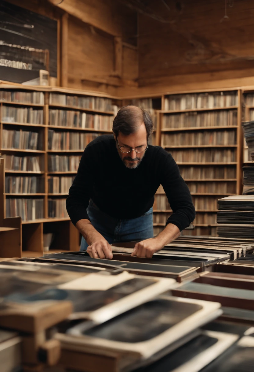 A photo of Jobs meticulously examining the intricate details of a vintage vinyl record collection at a specialty music store,original,Steve Jobs, the co-founder of Apple Inc., was known for his signature style: a black turtleneck, blue jeans, and New Balance sneakers, creating a minimalist and iconic image. He had a slender build and an intense, penetrating gaze, often accompanied by a contemplative or fiercely determined expression., male