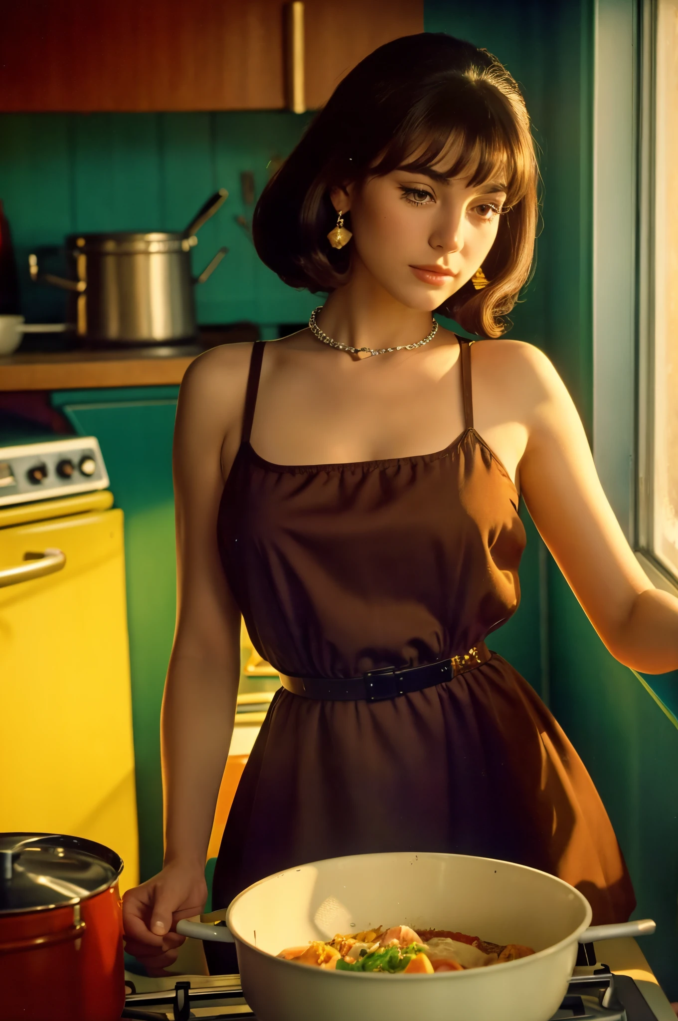 Low angle shot, a beautiful brunette, wearing a vintage 1960s minidress and chain belt, SixtiesHighFashion, 1960s hairstyle, medium breasts, not exposed, cooking, food pots on a stove in a sunny ((1960s kitchen)), looking away from viewer, beautiful view out the windows, 8 k sensual lighting, warm lighting, 4k extremely photorealistic, cgsociety uhd 4k highly detailed, trending on cgstation