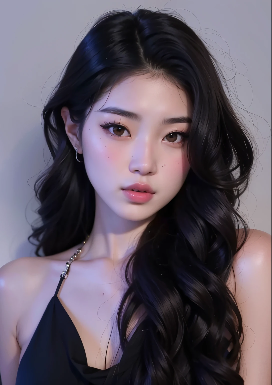 Jennie kim con cabello ondulado, beautiful Asian woman, vestido negro, de noche, foto realista