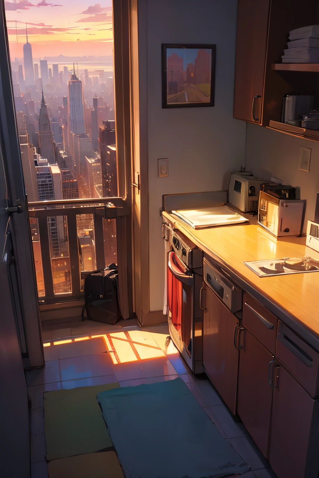 New york USA, POV into apartment, alone, no trafic, no cars, realistic sunset light,
