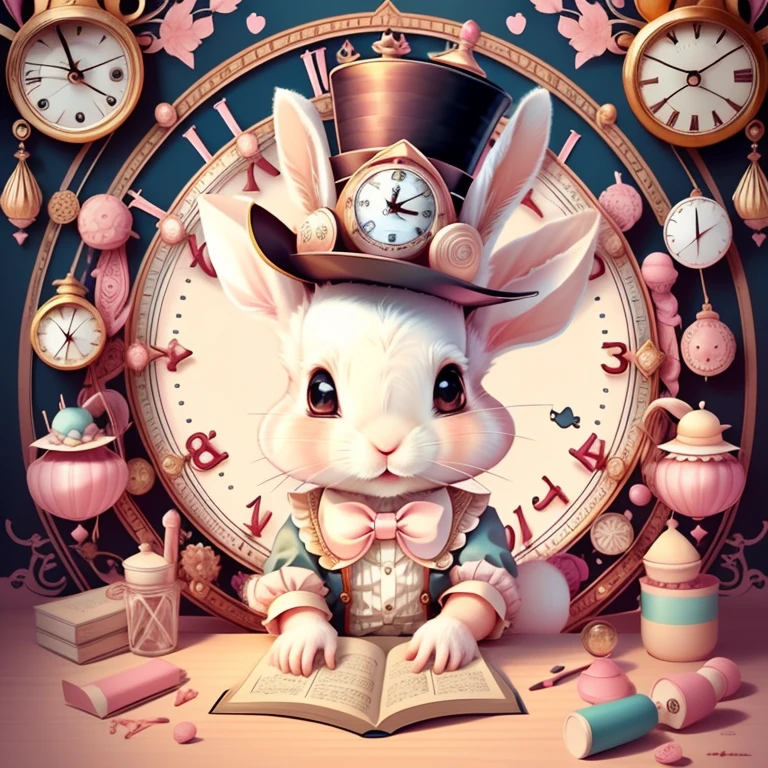 (cute baby rabbit with pink top hat and lots of clocks), Munchkin ,Geometric multidimensional wall portrait, livro de arte, Tchibi,
Yang08k, Beautiful, Colouring,
Obras, of the highest quality, best quality, Arte Oficial, Beautiful and Aesthetic,