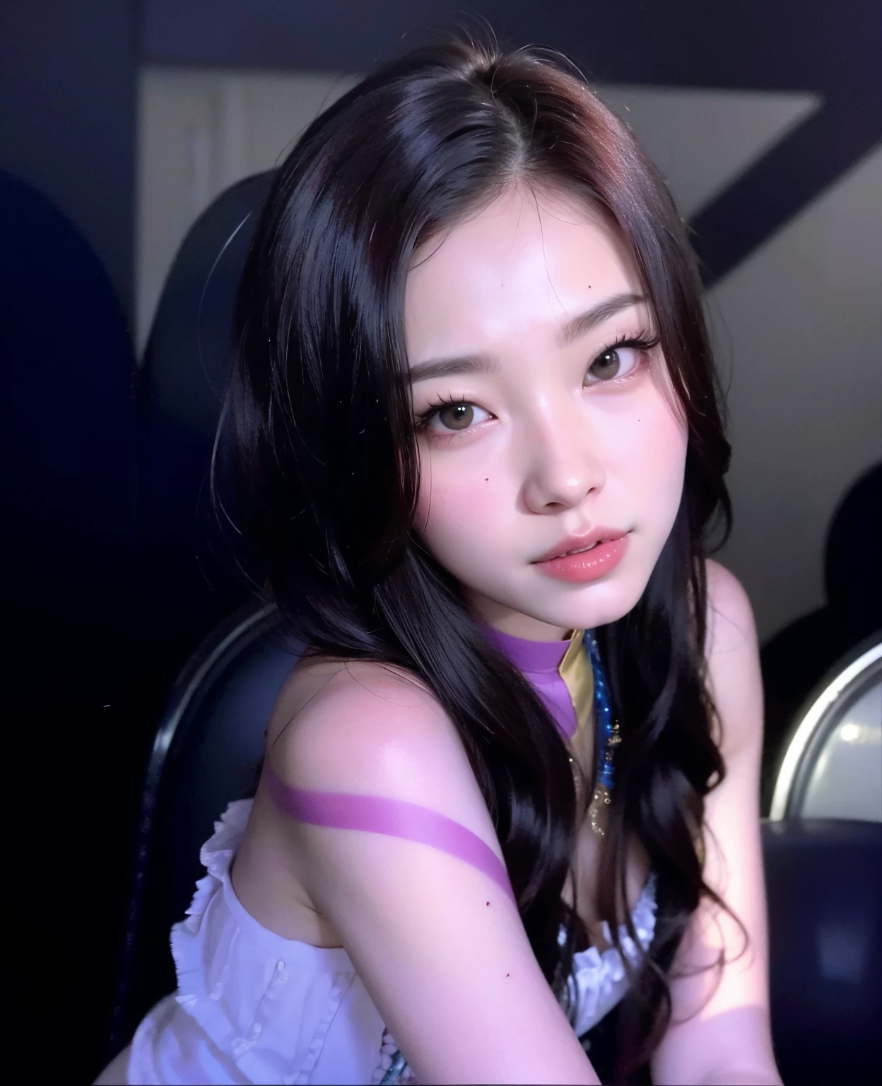 highest quality、masterpiece、Ultra-high resolution、(Photorealistic:1.4)、RAW Photos、(A girl tied to a machine)、13 years、Shiny platinum hair、Embarrassed look、Glowing Skin、((Ultra-Realistic Details))、Portraiture、Global Illumination、Shadow、Octane Rendering、8k、Ultra Sharp、Big Breasts、Cleavage、(Exposed bare skin underbust:1.4)、(Transparent latex micro bikini without strings:1.4)、Upper arm chain、Very intricate detail、Realistic Light、Trends of the CG Association、Purple eyes、Shining Eyes、To the camera、Neon Details、Sit on、Futuristic hair accessories、Gundam、Small LED Lamp、Purple neon lighting、Green neon lighting、, Showing your underarm hair, hard nipples erect:1.4, nipples pointing up:1.4, headset, Random Angle,