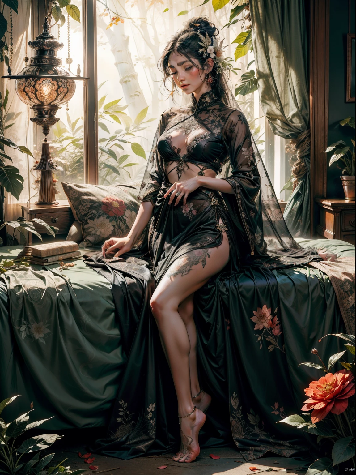 1sexy girl with forest clothes, flowers, leaves, mandalas, fractal,, Sleeping Beauty, by Bella🦋 full body, beautiful girl sleeping, room with mirror, girl sleeping on bed and sheets, old clock and lamp on table, full body, black hair, Transparent clothing,open legs, view of pubic hair, 1 sexy girl in transparent forest clothes,exposed breasts, open transparent t-shirt,mandala and flower tattoos, La mejor calidad, Obra maestra, llustration, muy delicado y hermoso, muy detallado, CG, Unidad, Fondo de pantalla de 8k, ridiculous, huge filesize, lente muy ancha, Luz suave,Sleeping Beauty, by Bella🦋 full body, beautiful girl sleeping, full body, black hair, Transparent clothing, slight smile,, open legs, view of pubic hair, 1 sexy girl in transparent forest clothes,exposed breasts, open transparent t-shirt,mandala and flower tattoos, La mejor calidad,