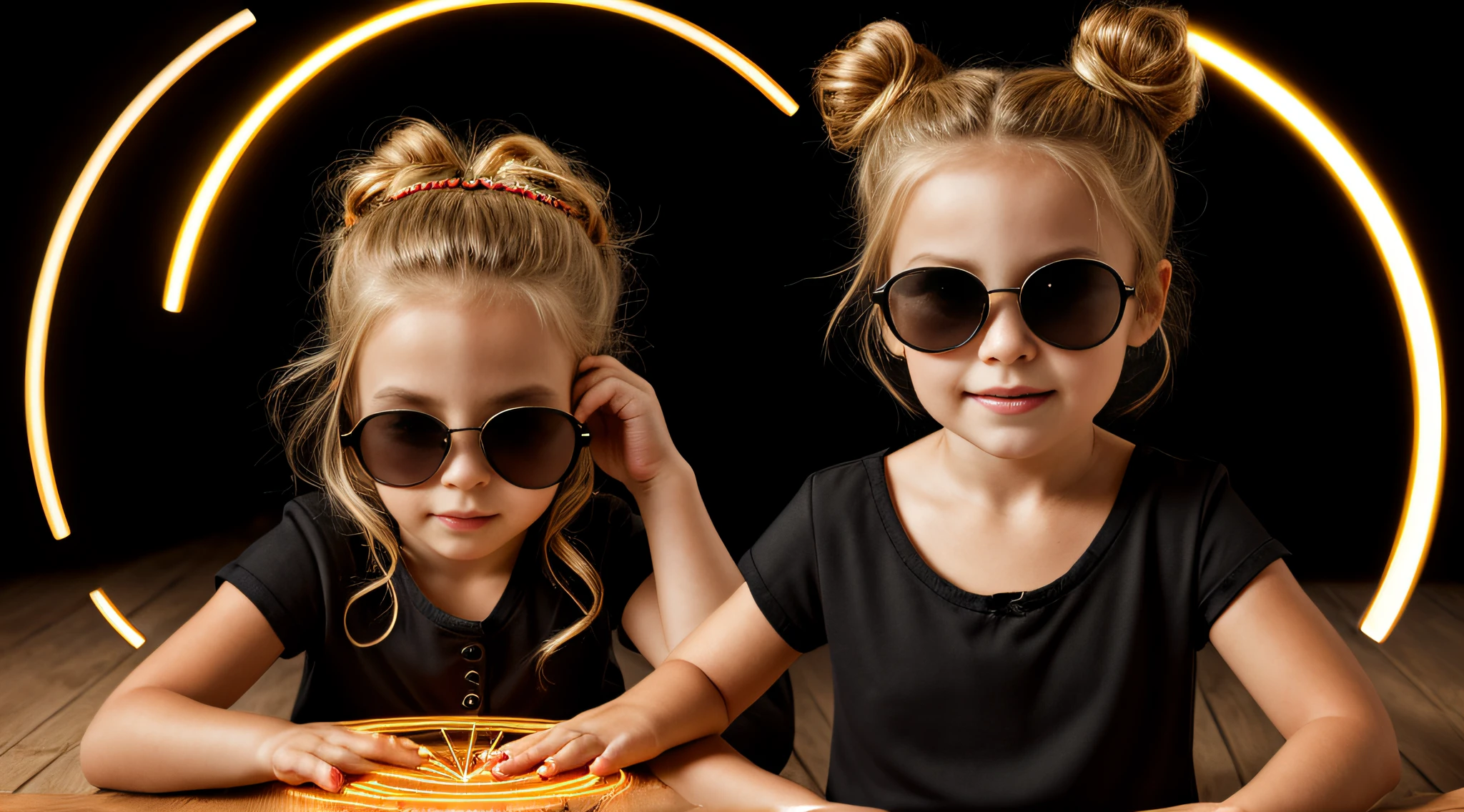 portrait CHILD BLONDE GIRL WITH HAIRBUN, in a black blouse and sunglasses, a laser is being used to illuminate a circle, fundo escuro