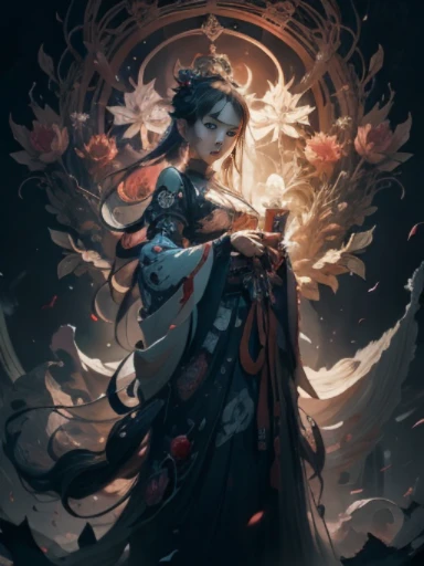 official art, unity 8k wallpaper, ultra detailed, beautiful and aesthetic, masterpiece, best quality, (zentangle, mandala, tangle, entangle), (fractal art:1.3) , 1witch, red flowers, extremely detailed, dynamic angle, cowboyshot, the most beautiful form of chaos, elegant, a brutalist designed, vivid colours, romanticism, by james jean, roby dwi antono, ross tran, francis bacon, michal mraz, adrian ghenie, petra cortright, gerhard richter, takato yamamoto, ashley wood, atmospheric
