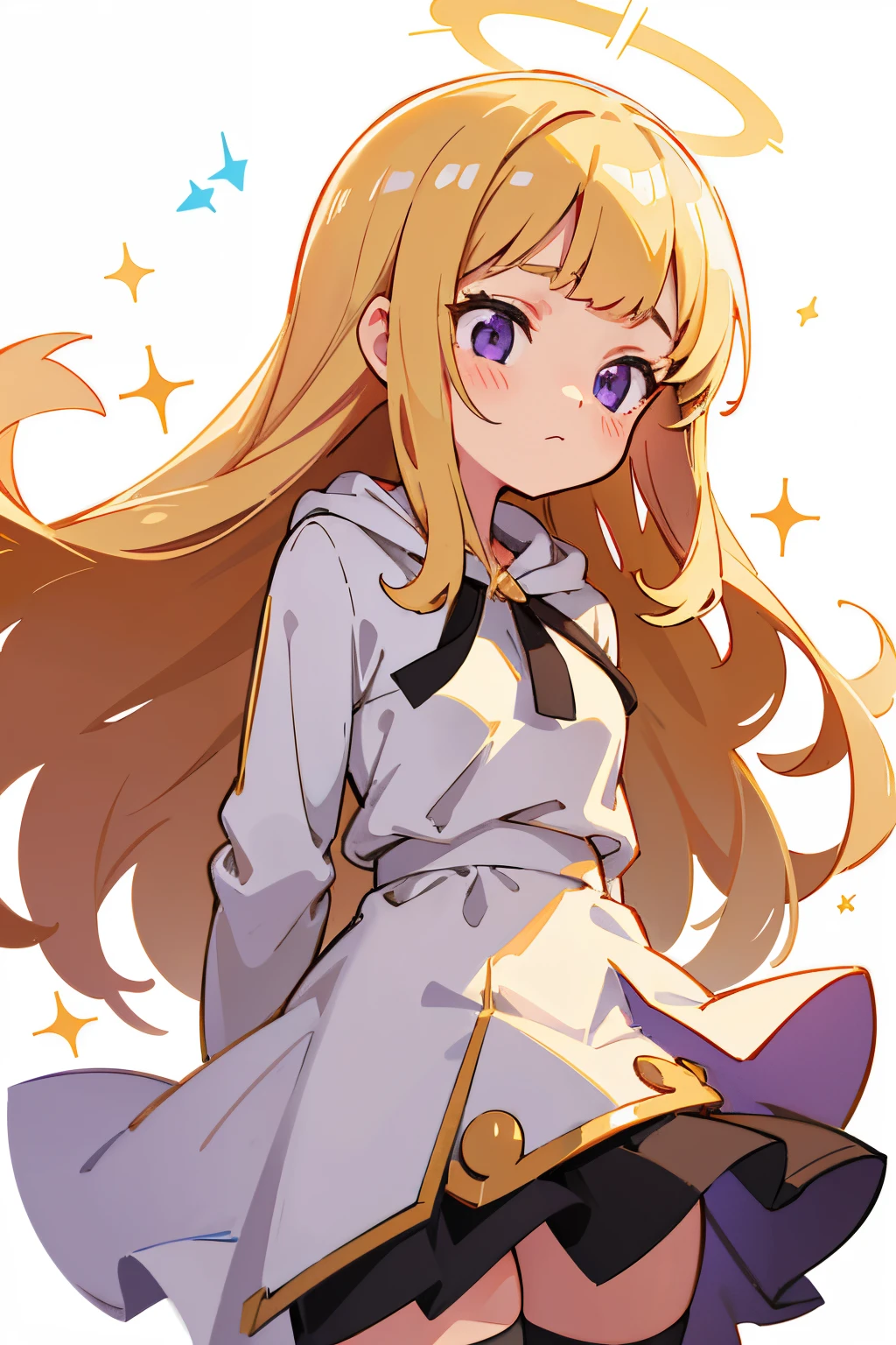 1girl, solo, character illustration, blonde hair, purple eyes, Cagliostro, long hair, wearing white big hoodie, black monocolor mini skirt, thighhighs, small breasts, neutral, closed mouth, face focus, arms behind back, upper body, looking away, cute girl, sparkles, white background, transparent background, beautiful illumination, sun rays, trending on pixiv, masterpiece, 8k, best quality