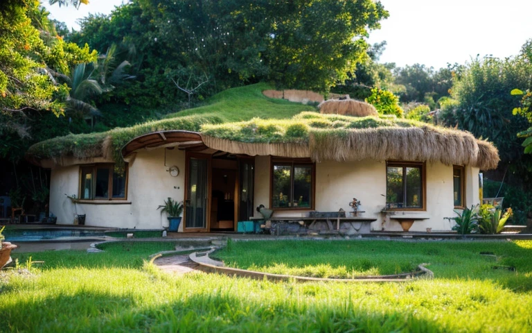 A photograph of a symmetrical contemporary house with (((one waved green roof))) and (((biological pool))) in a tropical backyard, mustard yellow terracota plaster walls (((rustic clay stucco))), ((corner walls rounded)), ((rustic clay plaster)), (((terracotta walls with rounded corners, organic curves))), (((rustic earth plaster, mud))), (((wave-shaped green roof with wooden edge))), (((wooden roof structure, wooden rake, wooden fascia board))), eaves, porch with wooden pillar, ((roof with wooden structure)), In Bali (((Tropical garden))), ((natural houses, organic buildings, organic architecture)), Ecovillage, sustainable architecture, Bioconstruction architecture, solarpunk architecture, (((grass roof, green roof, green wave roof, rounded roof, vegetated roofs))), ((green architecture)), Passive house, (((Rock Foundation))), Clear sky in the background, painful beauty, modern, imposing, green house, ((Bali hobbit Hadid Style)), super resolution, cinematic, color grading, editorial photography, photography, photo shoot, (((dramatic front eye top angle view))), O 50mm, depth of field, intricate details, natural colors, sharp focus, warm light, shutter speed 1/1000, F/22, White Balance, Ray Trace Reflections, Lumen Reflections, Screen Space Reflections, Diffraction Rating, Chromatic Aberration, GB Shift, Partial Lighting, Backlighting, Daylighting, Scan Lines, ambient occlusion, antialiasing, shaders, OpenGL-Shaders, GLSL-Shaders, Post-processing, post-production, shading, tone mapping, incredibly detailed and complex, hypermaximalist, elegant, hyperrealistic, super detailed, dynamic pose, Fujifilm XT
