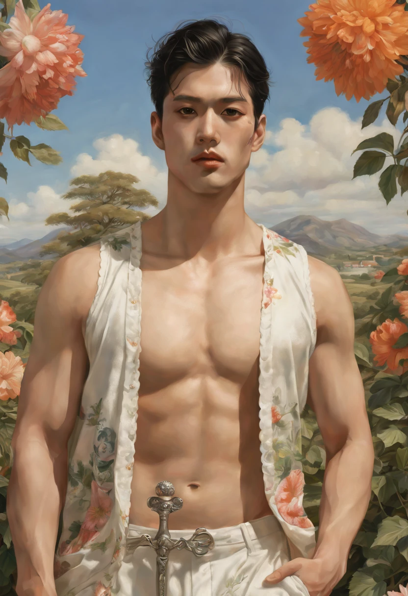 in the artistic style of Peter Paul Rubens, ultra detallado, ultra realista, Mood Lighting, Become the theme composition., colores neutros suaves, Perfect arrangement of components..., Proporciones divinas, wide angle, un tren punk, cuerpo completo, un joven latino sin camisa, sin pantalon y descalzo, man, en un rico y detallado campo de flores multicolores, con tren, plantation house, caballos, Perros, Kali, Tren, mountains of sun and clouds, latino, flaco verde, detailed realistic muscles, cuerpo de proporciones divinas, descalzo, Pelo corto negro ondulado, Esbelto, camisa, pies perfectos y detallados, descalzo, latino, Perfect anatomy, realistic look detailed muscles, Standing and holding a globe and a sword..., Arte por Midjourney --v 6