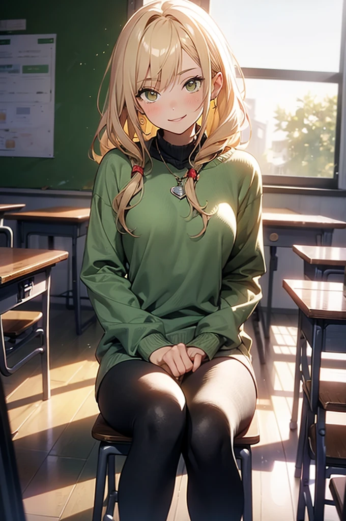 1girl, solo, , loose blond hair, wearing velvet red leggings and green sweather, sitting on a chair in classroom, crossing legs, smiling embarassed, side view, bare forehead, hooked nose, puffy cheeks, small breast, alluring, flirty, confident, scornful look, malicious smirk, detailed face, detailed yellow eyes, detailed irises, thick fleshy lips, medieval, high res, best quality, ultrasharp, 8K, cinematic, green wall behind