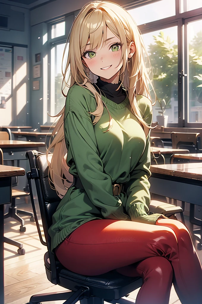 1girl, solo, 16 years old, loose blond hair, wearing velvet red leggings and green sweather, sitting on a chair in classroom, crossing legs, smiling embarassed, side view, bare forehead, hooked nose, puffy cheeks, small breast, alluring, flirty, confident, scornful look, malicious smirk, detailed face, detailed yellow eyes, detailed irises, thick fleshy lips, medieval, high res, best quality, ultrasharp, 8K, cinematic, green wall behind