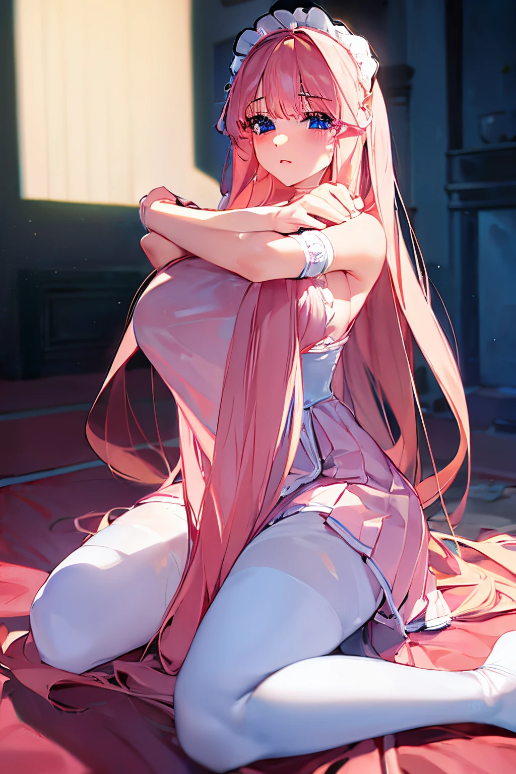 masterpiece, +++, top quality, soft light, full body, long pink hair, hugging legs pose, wearing a maid costume, micro pleated skirt, white thigh highs, blushing, embarresed facial expression, in a house, cinematic lighting, dynamic shadows, perfect shading, chopped bangs, blue eyes, blurry background