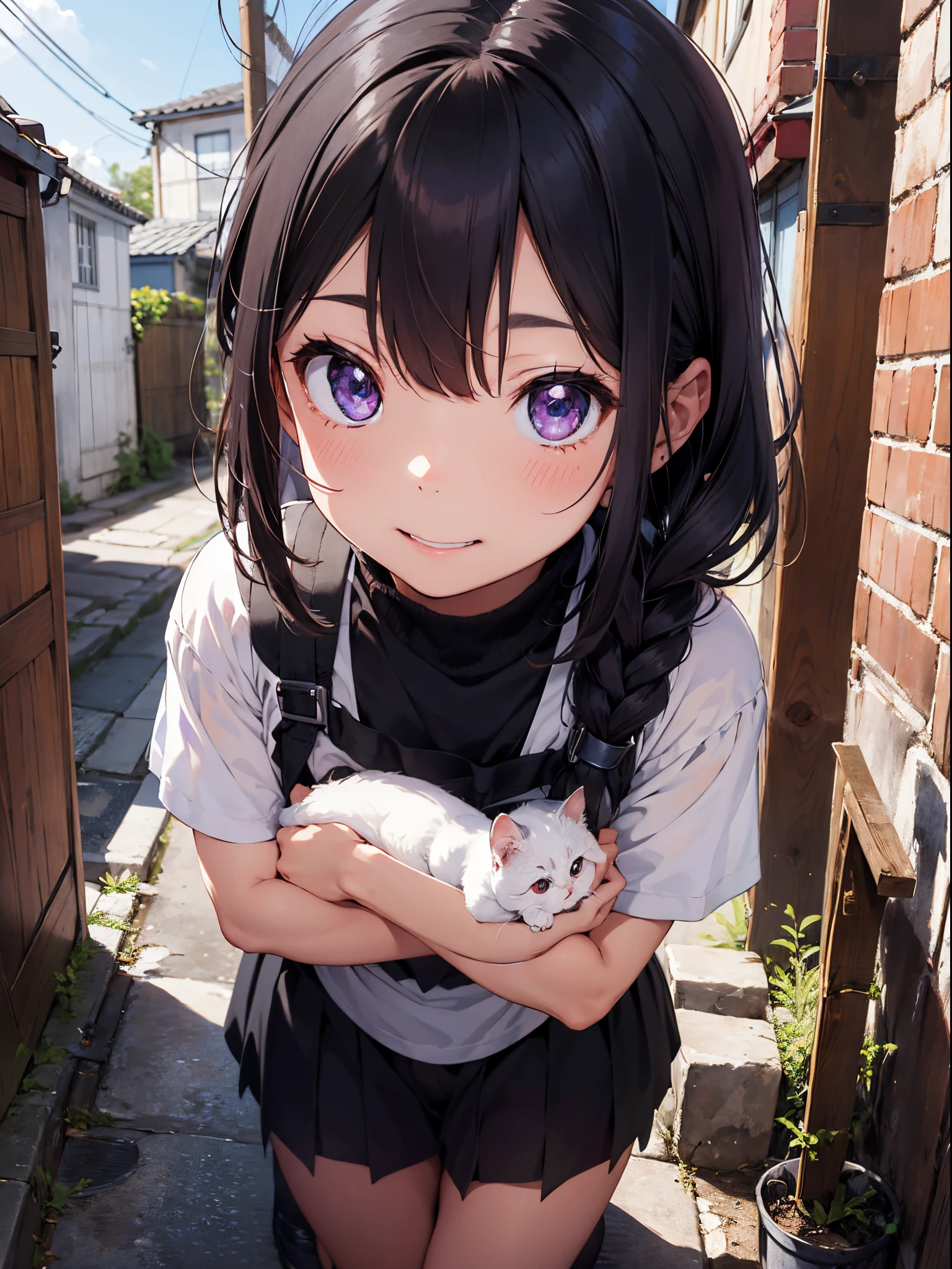 top-quality、hight resolution、Clear images、(many (A detailed) small pussy) and One Woman: 1.3)、Focus on the cat、Small around the girl (A detailed) catss、background is back alley、Detailed sunlight、sitting on、Viewer like a girl、Seen from the front、(Cat's Eye Viewer:1.2)、(happiness:1.3)、(A kitten)、is standing、white hair、Light purple eyes、Bob Hair、Long sideburns
