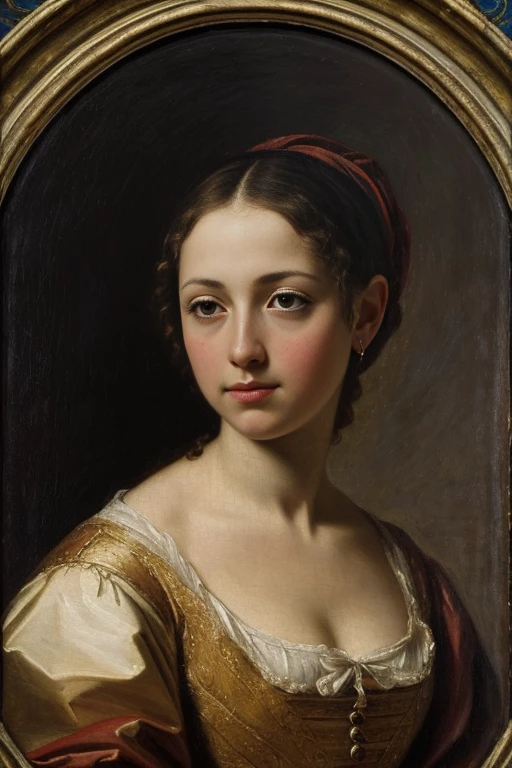 Beautiful girl, melancholy, ((in the style of Natale Schiavoni)),(Renaissance, baroque), ((Palette / oil painted)), ((tmasterpiece)), Impression ,extreme hight detail, perspective, 8K