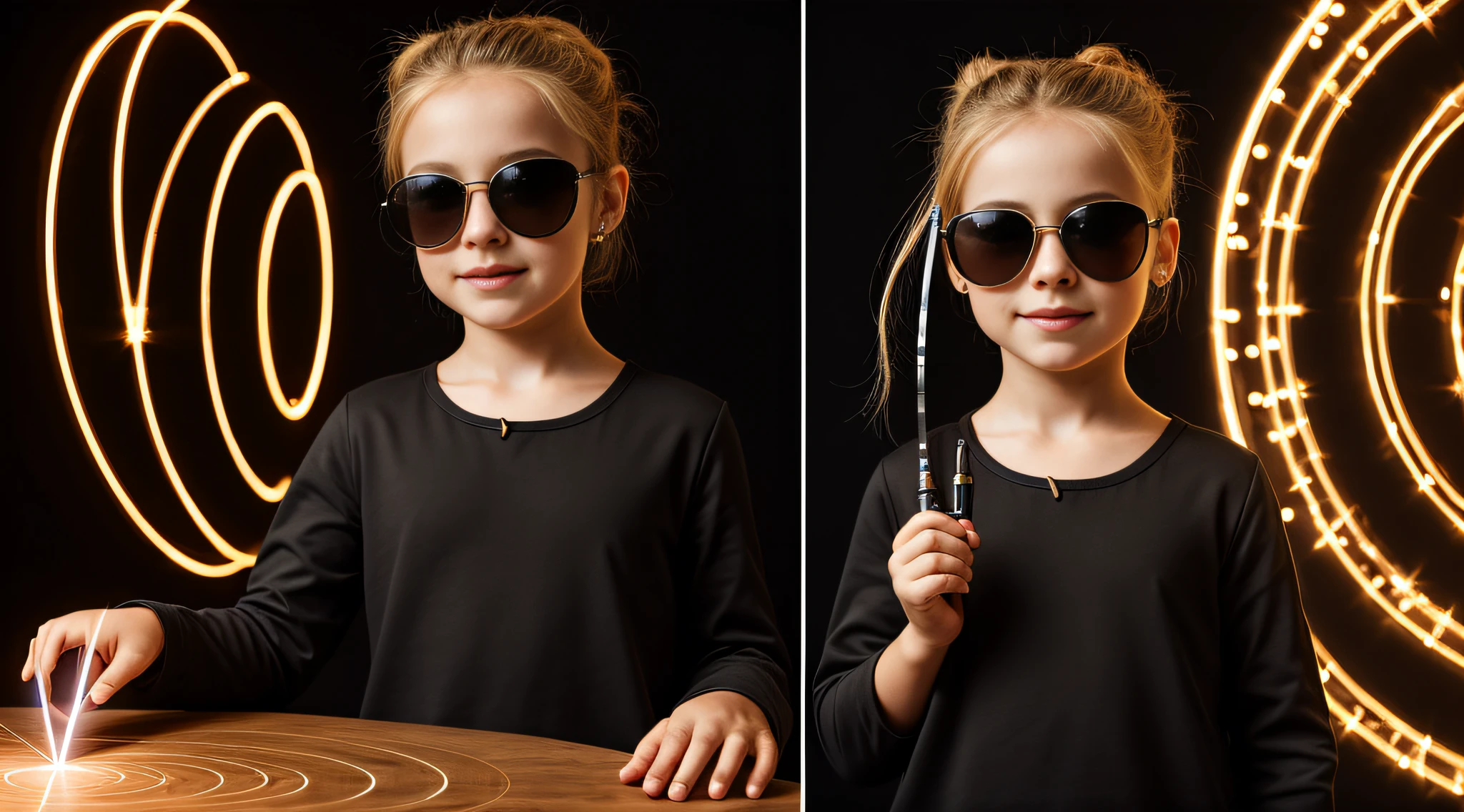 portrait CHILD BLONDE GIRL WITH HAIRBUN, in a black blouse and sunglasses, a laser is being used to illuminate a circle, fundo escuro