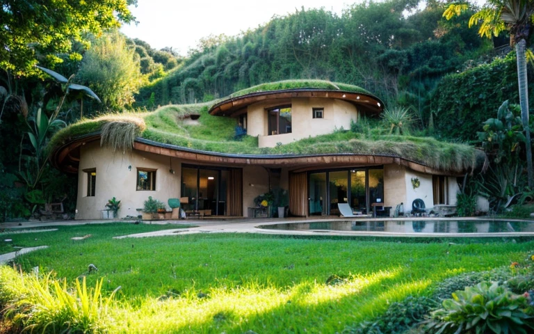 A photograph of a symmetrical contemporary house with (((one waved green roof))) and (((biological pool))) in a tropical backyard, mustard yellow terracota plaster walls (((rustic clay stucco))), ((corner walls rounded)), ((rustic clay plaster)), (((terracotta walls with rounded corners, organic curves))), (((rustic earth plaster, mud))), (((wave-shaped green roof with wooden edge))), (((wooden roof structure, wooden rake, wooden fascia board))), eaves, porch with wooden pillar, ((roof with wooden structure)), In Bali (((Tropical garden))), ((natural houses, organic buildings, organic architecture)), Ecovillage, sustainable architecture, Bioconstruction architecture, solarpunk architecture, (((grass roof, green roof, green wave roof, rounded roof, vegetated roofs))), ((green architecture)), Passive house, (((Rock Foundation))), Clear sky in the background, painful beauty, modern, imposing, green house, ((Bali hobbit Hadid Style)), super resolution, cinematic, color grading, editorial photography, photography, photo shoot, (((dramatic front eye top angle view))), O 50mm, depth of field, intricate details, natural colors, sharp focus, warm light, shutter speed 1/1000, F/22, White Balance, Ray Trace Reflections, Lumen Reflections, Screen Space Reflections, Diffraction Rating, Chromatic Aberration, GB Shift, Partial Lighting, Backlighting, Daylighting, Scan Lines, ambient occlusion, antialiasing, shaders, OpenGL-Shaders, GLSL-Shaders, Post-processing, post-production, shading, tone mapping, incredibly detailed and complex, hypermaximalist, elegant, hyperrealistic, super detailed, dynamic pose, Fujifilm XT