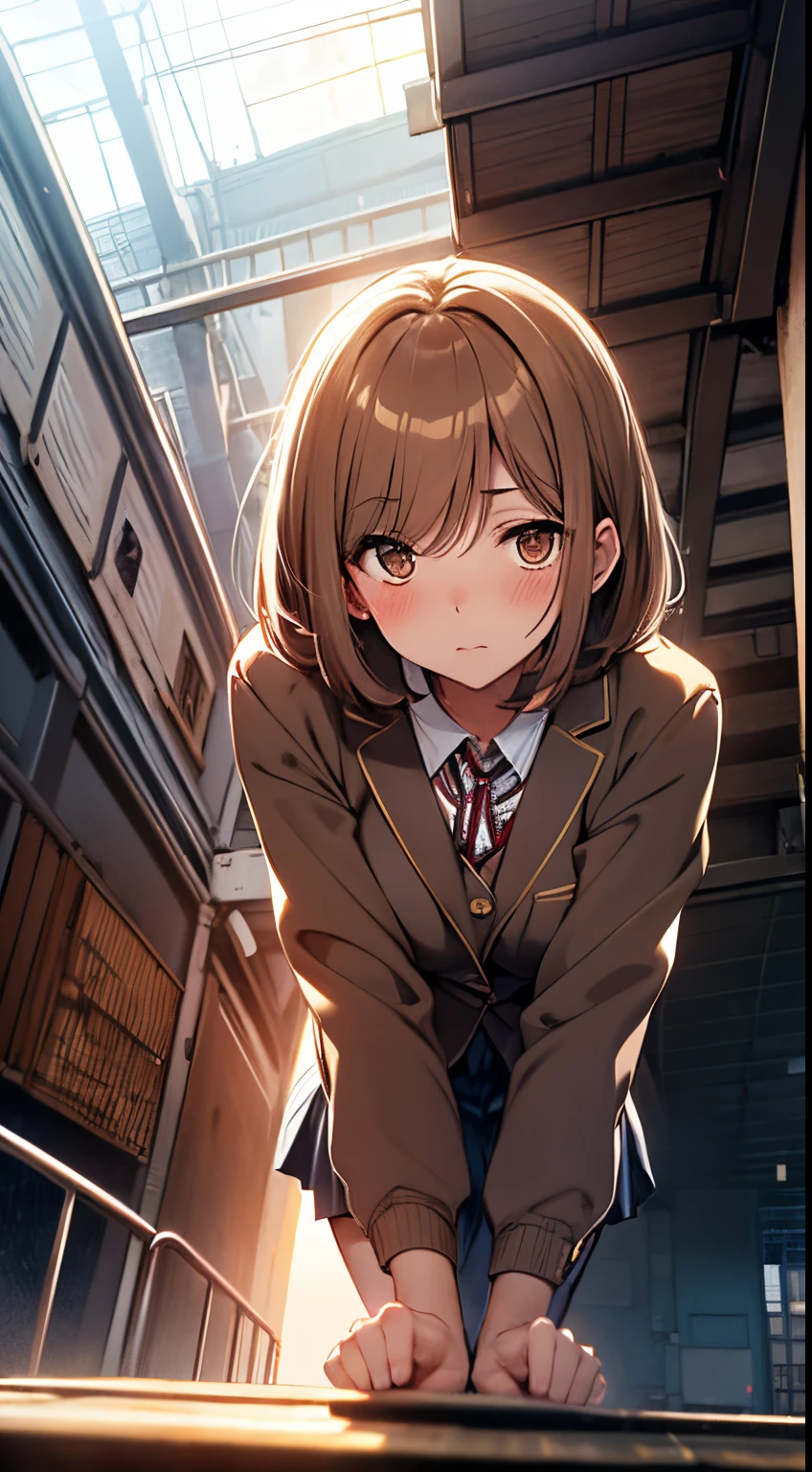 perfect quality, masterpiece, 16K, (from below:1.8), beautiful girl jump to the stairway of morning train station, Light brown bob hair, school wear, Light brown eyes, blushed face, Plump breast, looking at viewer,