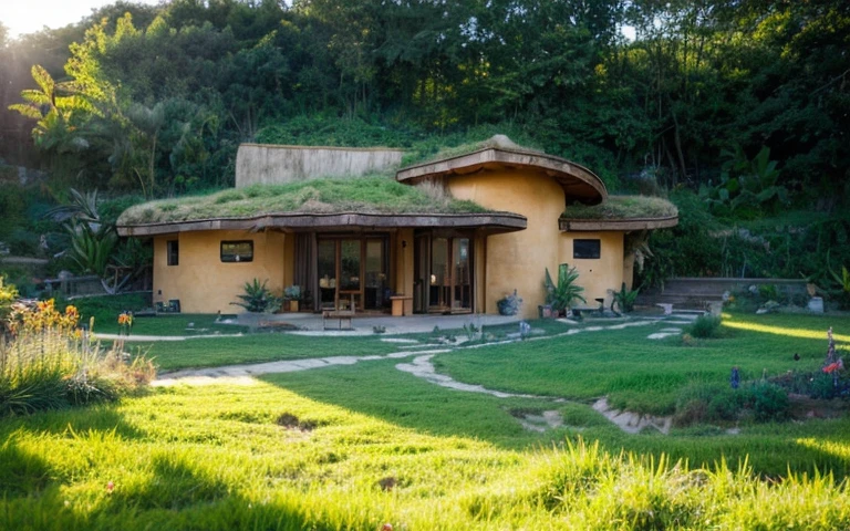 A photograph of a symmetrical contemporary house with (((one waved green roof))) and (((biological pool))) in a tropical backyard, mustard yellow terracota plaster walls (((rustic clay stucco))), ((corner walls rounded)), ((rustic clay plaster)), (((terracotta walls with rounded corners, organic curves))), (((rustic earth plaster, mud))), (((wave-shaped green roof with wooden edge))), (((wooden roof structure, wooden rake, wooden fascia board))), eaves, porch with wooden pillar, ((roof with wooden structure)), In Bali (((Tropical garden))), ((natural houses, organic buildings, organic architecture)), Ecovillage, sustainable architecture, Bioconstruction architecture, solarpunk architecture, (((grass roof, green roof, green wave roof, rounded roof, vegetated roofs))), ((green architecture)), Passive house, (((Rock Foundation))), Clear sky in the background, painful beauty, modern, imposing, green house, ((Bali hobbit Hadid Style)), super resolution, cinematic, color grading, editorial photography, photography, photo shoot, (((dramatic front eye top angle view))), O 50mm, depth of field, intricate details, natural colors, sharp focus, warm light, shutter speed 1/1000, F/22, White Balance, Ray Trace Reflections, Lumen Reflections, Screen Space Reflections, Diffraction Rating, Chromatic Aberration, GB Shift, Partial Lighting, Backlighting, Daylighting, Scan Lines, ambient occlusion, antialiasing, shaders, OpenGL-Shaders, GLSL-Shaders, Post-processing, post-production, shading, tone mapping, incredibly detailed and complex, hypermaximalist, elegant, hyperrealistic, super detailed, dynamic pose, Fujifilm XT
