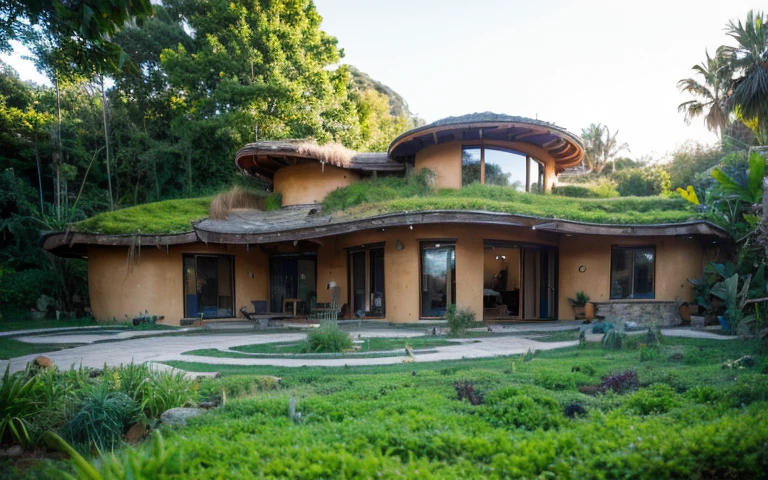 A photograph of a symmetrical contemporary house with (((one waved green roof))) and (((biological pool))) in a tropical backyard, mustard yellow terracota plaster walls (((rustic clay stucco))), ((corner walls rounded)), ((rustic clay plaster)), (((terracotta walls with rounded corners, organic curves))), (((rustic earth plaster, mud))), (((wave-shaped green roof with wooden edge))), (((wooden roof structure, wooden rake, wooden fascia board))), eaves, porch with wooden pillar, ((roof with wooden structure)), In Bali (((Tropical garden))), ((natural houses, organic buildings, organic architecture)), Ecovillage, sustainable architecture, Bioconstruction architecture, solarpunk architecture, (((grass roof, green roof, green wave roof, rounded roof, vegetated roofs))), ((green architecture)), Passive house, (((Rock Foundation))), Clear sky in the background, painful beauty, modern, imposing, green house, ((Bali hobbit Hadid Style)), super resolution, cinematic, color grading, editorial photography, photography, photo shoot, (((dramatic front eye top angle view))), O 50mm, depth of field, intricate details, natural colors, sharp focus, warm light, shutter speed 1/1000, F/22, White Balance, Ray Trace Reflections, Lumen Reflections, Screen Space Reflections, Diffraction Rating, Chromatic Aberration, GB Shift, Partial Lighting, Backlighting, Daylighting, Scan Lines, ambient occlusion, antialiasing, shaders, OpenGL-Shaders, GLSL-Shaders, Post-processing, post-production, shading, tone mapping, incredibly detailed and complex, hypermaximalist, elegant, hyperrealistic, super detailed, dynamic pose, Fujifilm XT