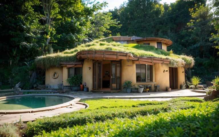 A photograph of a symmetrical contemporary house with (((one waved green roof))) and (((biological pool))) in a tropical backyard, mustard yellow terracota plaster walls (((rustic clay stucco))), ((corner walls rounded)), ((rustic clay plaster)), (((terracotta walls with rounded corners, organic curves))), (((rustic earth plaster, mud))), (((wave-shaped green roof with wooden edge))), (((wooden roof structure, wooden rake, wooden fascia board))), eaves, porch with wooden pillar, ((roof with wooden structure)), In Bali (((Tropical garden))), ((natural houses, organic buildings, organic architecture)), Ecovillage, sustainable architecture, Bioconstruction architecture, solarpunk architecture, (((grass roof, green roof, green wave roof, rounded roof, vegetated roofs))), ((green architecture)), Passive house, (((Rock Foundation))), Clear sky in the background, painful beauty, modern, imposing, green house, ((Bali hobbit Hadid Style)), super resolution, cinematic, color grading, editorial photography, photography, photo shoot, (((dramatic front eye top angle view))), O 50mm, depth of field, intricate details, natural colors, sharp focus, warm light, shutter speed 1/1000, F/22, White Balance, Ray Trace Reflections, Lumen Reflections, Screen Space Reflections, Diffraction Rating, Chromatic Aberration, GB Shift, Partial Lighting, Backlighting, Daylighting, Scan Lines, ambient occlusion, antialiasing, shaders, OpenGL-Shaders, GLSL-Shaders, Post-processing, post-production, shading, tone mapping, incredibly detailed and complex, hypermaximalist, elegant, hyperrealistic, super detailed, dynamic pose, Fujifilm XT