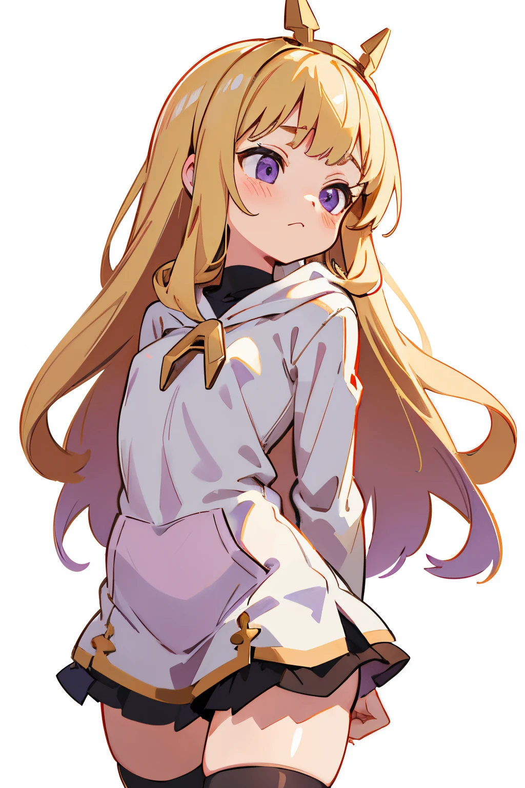 cute li, blonde hair, purple eyes, Cagliostro, long hair, white hoodie, black monocolor mini skirt, thighhighs, small breasts, neutral, closed mouth, face focus, arms behind back, upper body, looking away, white background, transparent background, masterpiece, 8k, best quality