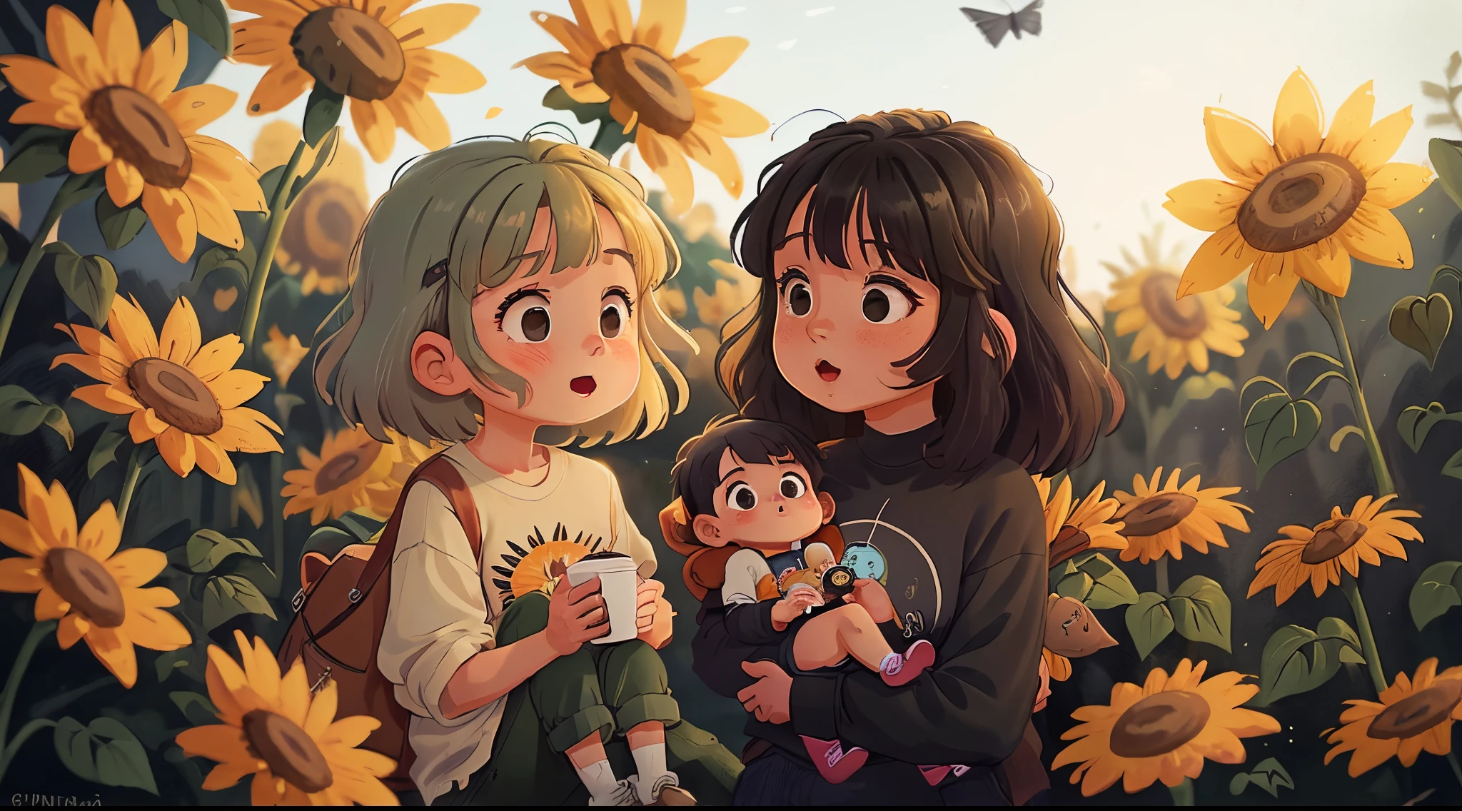 Madre e hija sentadas la mama tiene cabello largo rubio tiene una chaqueta verde oscuro y uan blusa negra por dentro y la hija una blusa celeste y un pantalon gris y cabello largo cafe y de fondo un campo de girasoles en el museo