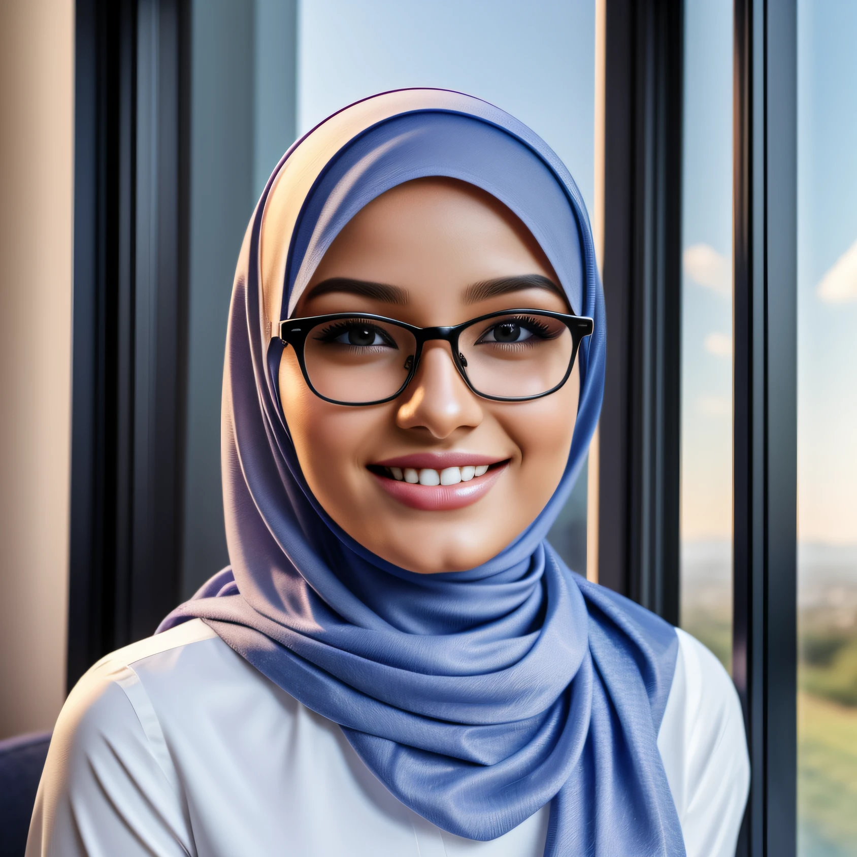 ultra realistic,16k, enhanced quality, perfect face, perfect hands, perfect body, ultra detailed, perfect hair, girl wearing glasses, perfect glasses, perfect smile, ultra realistic, ultra realistic background, ultra realistic clouds, sitting close to the window in her bedroom, ultra realistic bedroom, ultra luxurious bedroom, girl looking outside the window,girl wearing perfect hijab, ultra realistic particles, perfect duck lips, Islamic hijab,