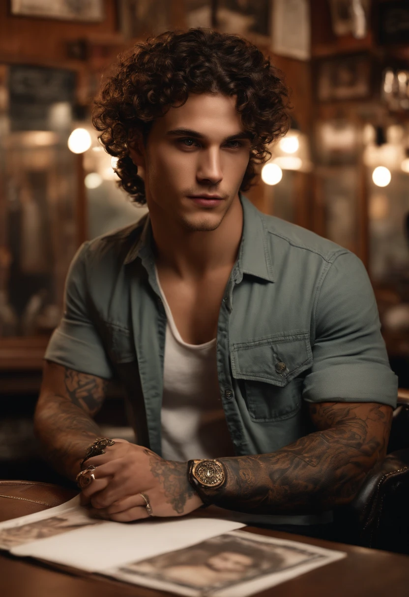 The image is of Marcus sitting at a tattoo parlor, flipping through a portfolio of designs and smirking at the options.,original,Marcus has curly brown hair, brown eyes, various scars from getting into fights, famously portrayed by Benjamin Wadsworth, male