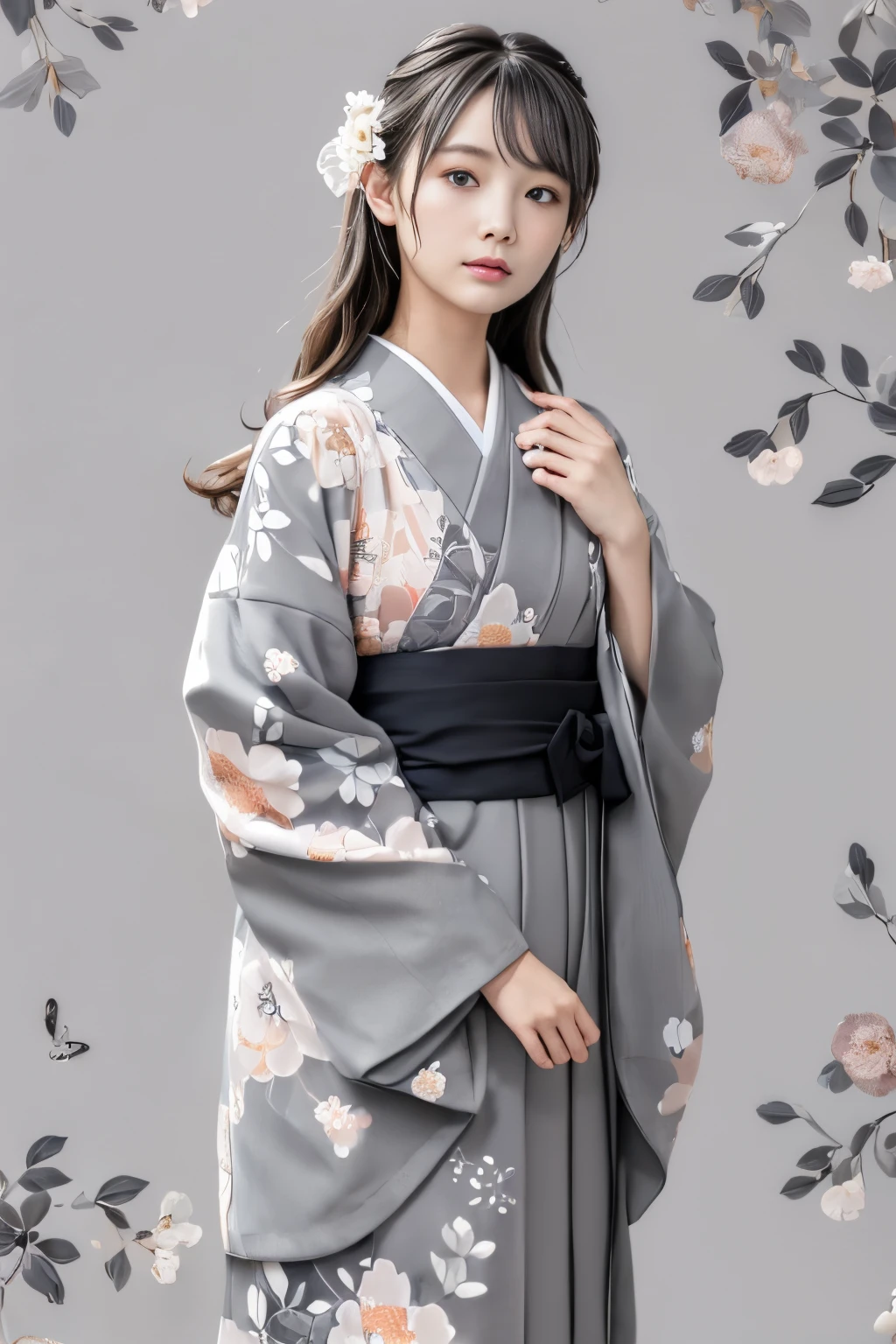(((gray floral background:1.3)))、Best Quality, masutepiece, High resolution, (((1girl in))), sixteen years old,(((Eyes are gray:1.3)))、Gray kimono、((beautiful gray kimono)), Tindall Effect, Realistic, Shadow Studio,Ultramarine Lighting, dual-tone lighting, (High Detail Skins: 1.2)、Pale colored lighting、Dark lighting、 Digital SLR, Photo, High resolution, 4K, 8K, Background blur,Fade out beautifully、gray flower world