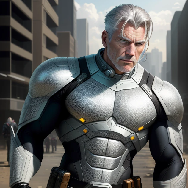 ((masterpiece, realistic, best quality, extremely intricate, solo, 1man)), A silver-haired time traveling superhero (Cable from the X-Men, also known as Nathan Summers), bright gray outfit, half cyborg, imposing, post-apocalyptic setting, 4k, realism, high definition, professional, intricate details.