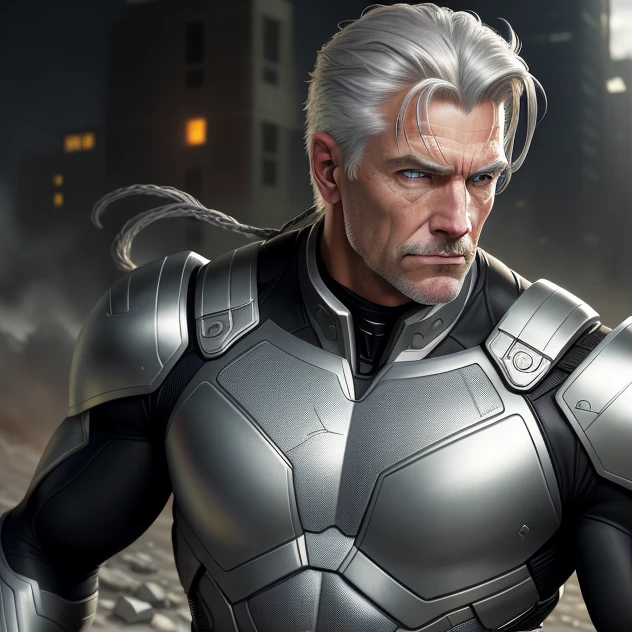 ((masterpiece, realistic, best quality, extremely intricate, solo, 1man)), A silver-haired time traveling superhero (Cable from the X-Men, also known as Nathan Summers), bright gray outfit, half cyborg, imposing, post-apocalyptic setting, 4k, realism, high definition, professional, intricate details.
