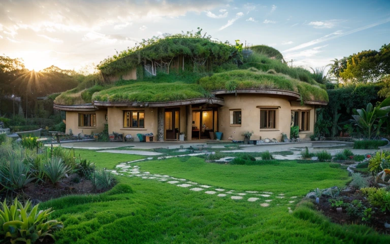 A photograph of a symmetrical contemporary house with (((one waved green roof))) and (((biological pool))) in a tropical backyard, mustard yellow terracota plaster walls (((rustic clay stucco))), ((corner walls rounded)), ((rustic clay plaster)), (((terracotta walls with rounded corners, organic curves))), (((rustic earth plaster, mud))), (((wave-shaped green roof with wooden edge))), (((wooden roof structure, wooden rake, wooden fascia board))), eaves, porch with wooden pillar, ((roof with wooden structure)), In Bali (((Tropical garden))), ((natural houses, organic buildings, organic architecture)), Ecovillage, sustainable architecture, Bioconstruction architecture, solarpunk architecture, (((grass roof, green roof, green wave roof, rounded roof, vegetated roofs))), ((green architecture)), Passive house, (((Rock Foundation))), Clear sky in the background, painful beauty, modern, imposing, green house, ((Bali hobbit Hadid Style)), super resolution, cinematic, color grading, editorial photography, photography, photo shoot, (((dramatic front eye top angle view))), O 50mm, depth of field, intricate details, natural colors, sharp focus, warm light, shutter speed 1/1000, F/22, White Balance, Ray Trace Reflections, Lumen Reflections, Screen Space Reflections, Diffraction Rating, Chromatic Aberration, GB Shift, Partial Lighting, Backlighting, Daylighting, Scan Lines, ambient occlusion, antialiasing, shaders, OpenGL-Shaders, GLSL-Shaders, Post-processing, post-production, shading, tone mapping, incredibly detailed and complex, hypermaximalist, elegant, hyperrealistic, super detailed, dynamic pose, Fujifilm XT
